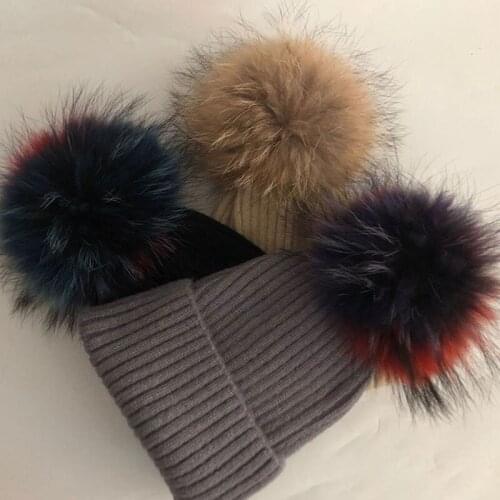 Casual New Winter Hat Real Fox Fur Mink Pompoms Hats For Women Children Spring Wool Warm Skullies Beanies Hats Caps For Women