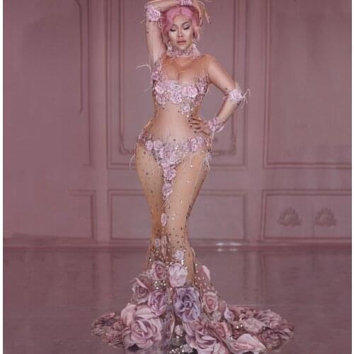 Pink Flowers Rhinestones See Through Trailing Dress Evening Party Stars Singer Catwalk Long Dress Birthday Celebration Costume