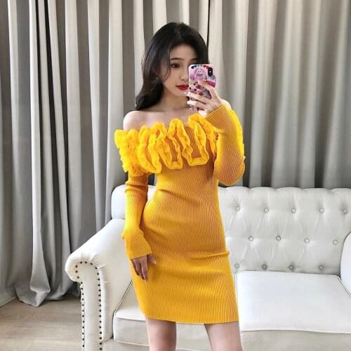 Knitted Casual Summer Dress Ruffles Sundress Sexy Long Sleeve Autumn Spring Off Shoulder Women Mini Dress Vestidos Clubwear