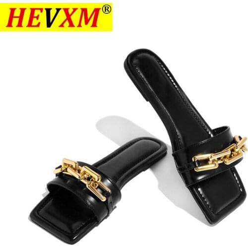 Summer Fashion Trend Womens Shoes Flat Sandals Solid Color Chain Slippers Outdoor Beach Shoes Slides Black Flip Flop Plus Size