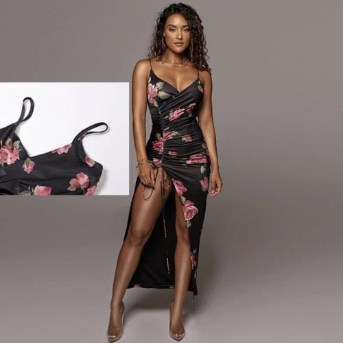 SKMY 2021 Summer New Style Suspenders Sexy Low-Cut Halter Fashion Slim-Fit Split-End Dress Black Pleated High-Waisted Maxi Dress
