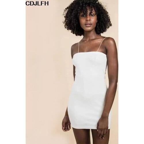 CDJLFH Sexy Pure Bodycon Dress Women Party Elegant Backless Robe Femme Dresses Spaghetti Strap Bandag Clubwear Mini Black Dress