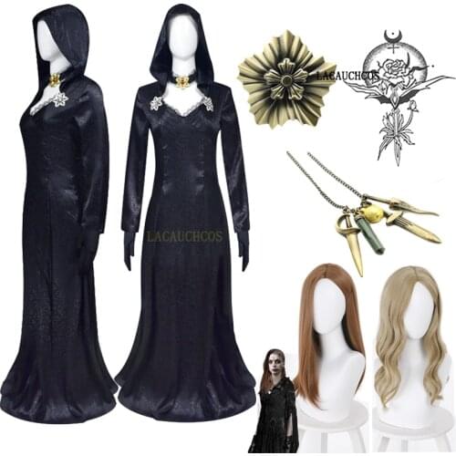 Medieval dress Bela Cassandra Daniela Lady Dimitrescu Cosplay Costume Madam Dress Necklace Brooch Tattoo Vampire Witch Skirt
