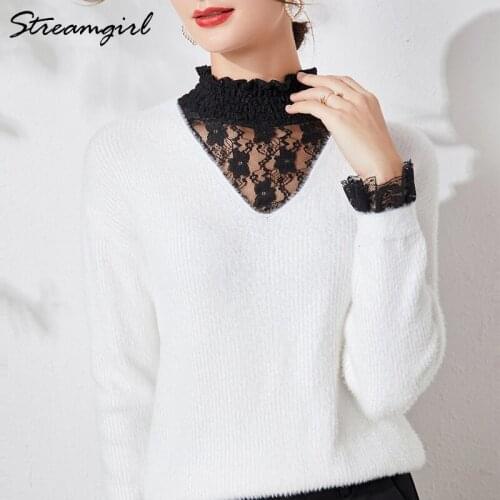 Warm Lace Sweater Women Winter White Fluffy Sweater Pullover Jumper Thick Imitated Mink Wool Sweaters For Women Blue Sweaters
