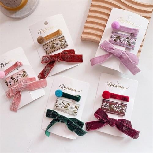 3Pcs/Set Girls Cute Velvet Fabric Bow Hair Clip Kids Kawaii Barrette Printing Flower Hairpin Children Fashion Hair Accessories