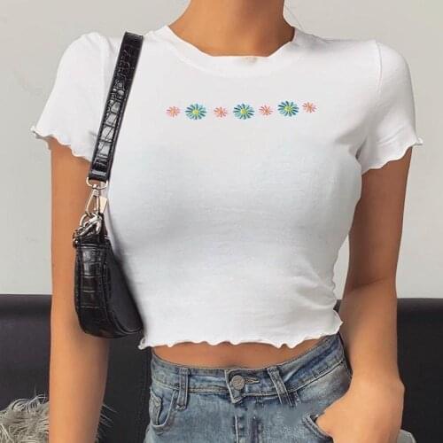 Womens Casual Sweet Style T-Shirt Flower Embroidery Short Sleeve Round Neck Slim Wild Cropped Top Daily Chic Streetwear Shirt