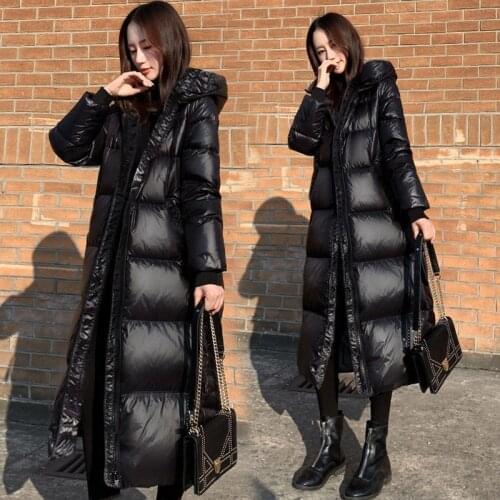 2021 Black Glossy Parka Coat Womens Fashion Thicken Winter Hooded Loose Long Jacket Female Windproof Rainproof Warm Outwear