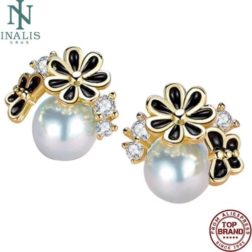 INALIS Punk Style Stud Earrings For Women Personality Daisy Earring Imitation Pearls And Zircon Valentine Day Fashion Jewelry