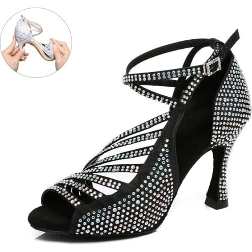 Woman rhinestone latin ballroom dance shoes for women black white beige salsa dancing shoes for party girls Performance shoes