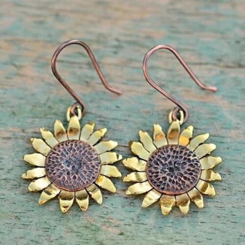 2020 New Vintage 2 Colors Alloy Sunflower Dangle Earrings for Women