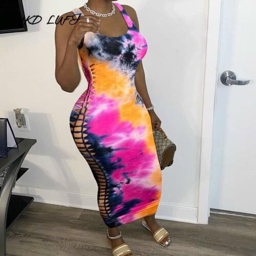Tie Dye Print Hollow Out Sleeveless Dress Women U-neck Casual Maxi Dress