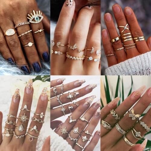 17KM 30 Design Vintage Gold Star Moon Rings Set For Women BOHO Opal Crystal Midi Finger Ring 2020 Female Bohemian Jewelry Gifts