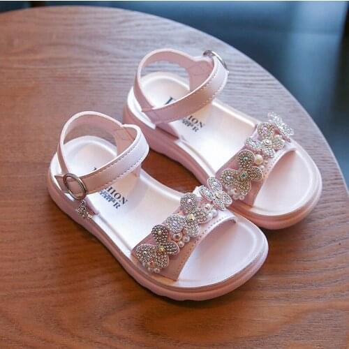 2021 New Children Sandals Gladiator Princess Sandals Diamond Butterfly Girls Wedding Dress Party Beaded Shoes Kids Beach Shoes