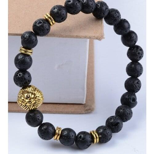 8mm ui757 gold elastic adjusted Charm copper lion nature black stone volcanic lava Bracelet Reiki Chakra Buddha Yoga