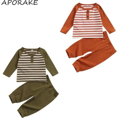 2021 0-3Y Casual Kids Baby Boy Girl Clothes Button Stripe Patch Long Sleeve Tops T-shirt+Solid Color Long Pants Spring Fall 2pcs