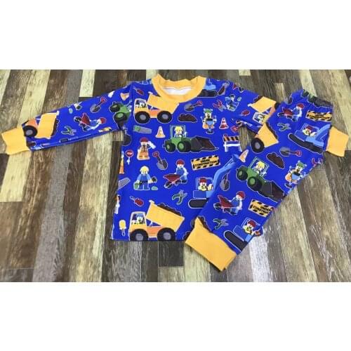 Childrens boutique clothes Boy Digger Construction site blue pyjama set