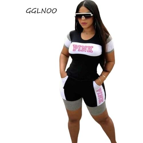 GGLNOO Casual Pink Letter Print Sexy Tracksuit Short Sleeve Top Shorts Matching Sets Sport Two Piece Set GG22839