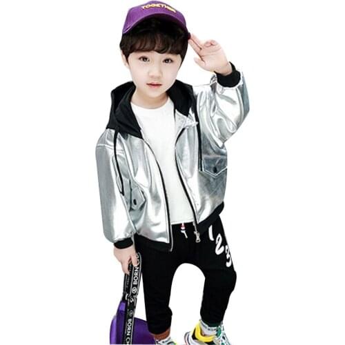 Jacket for Boys Silver Ballroom Jazz Hip Hop Dance Performance Hooded pu leather Coat Kid Clothing Clothes Jacket for kid