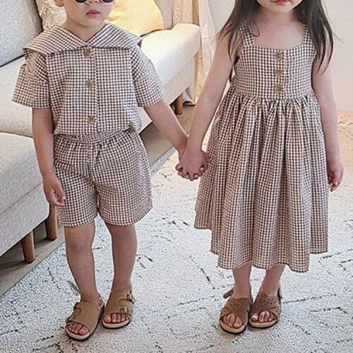 Fashionable Childrens College Plaid Girls Suspender Long Skirt Boys And Girls Sailor Collar Short Sleeve Shorts Suit