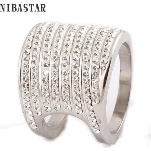 New Trendy Charming Smoothly Paved Women Finger Ring Stainless Steel Crystal Ring