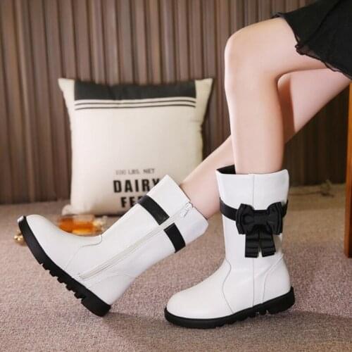 New Platform Girls Boots Mid-Calf Child Fashion Boots for girl Butterfly knot decor pink princess shoes zipper flat autumn girls