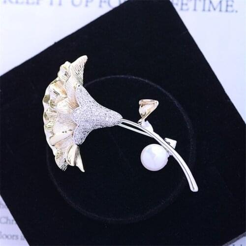 OKILY Luxury Micro Zircon Double Color Carnatio Brooches Pin With Pearl Pin for Women Flower Brooch Coat Dress Jewellry