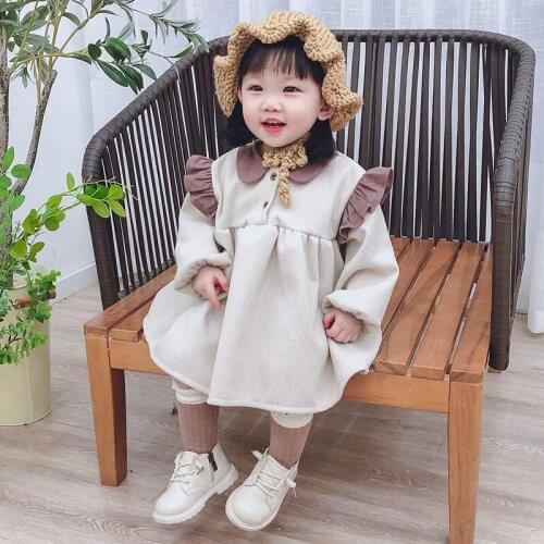 Girls' Autumn Dress 2021 New Childrens Cute Patchwork Color Turn-down Collar Plaid 0-4 Years Old Casual Korean Dress