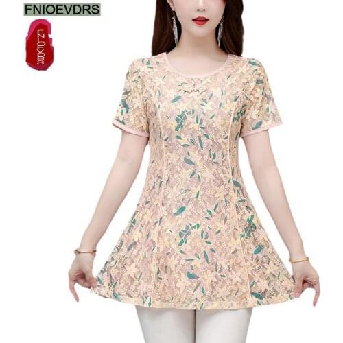 Plus Size Clothes M-4XL Floral Women Vintage Blouses Summer Short Sleeve Long Shirt Female Casual Peplum Tunic Retro Lace Tops
