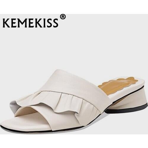 KemeKiss Women Slippers Genuine Leather Summer Shoes Women Sandals Outdoor Square Heel Solid Color Casual Footwear Size 34-39
