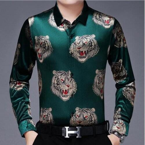 Fat Tiger Green Velvet Shirts Luxury Men Clothes Unusual Dress For Stout Red Flannel Shirts Burgundy Velour Dress Oversize Retro