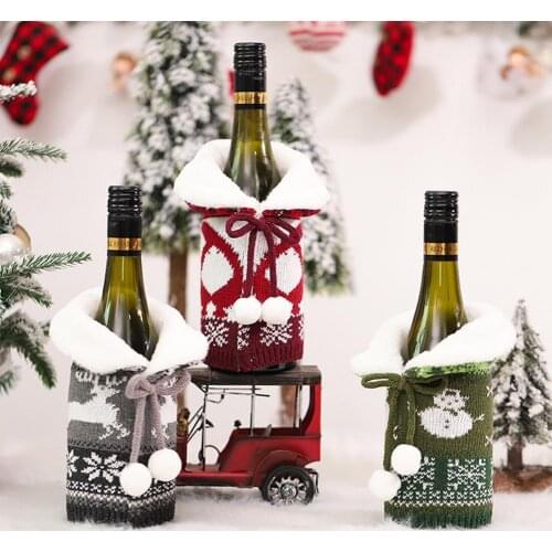 Faux Fur Collar Christmas Wine Bottle Cover Tear Resistant Knitted Fabric Festive Ambience Wine Bottle Dress-up for Restaurant