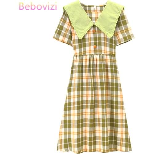 Young Style Za 2020 New Woman Fashion Korean Green Plaid Sweet Preppy Short Sleeve Baby Collar Summer Girls Midi Dress