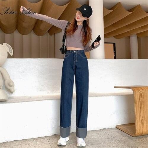 Free Shipping 2021 Womens Autumn New Wide-Leg Jeans High-Waisted Loose Straight Mopping Casual Pants