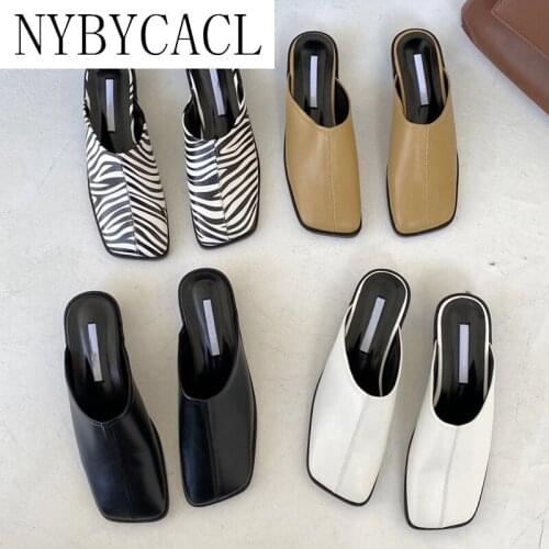NYBYCACL 2021 New Brand Women Slipper Square Toe Slip On Mules Shoes Fashion Zebra Pattern Square Low Heel Ladies Slides