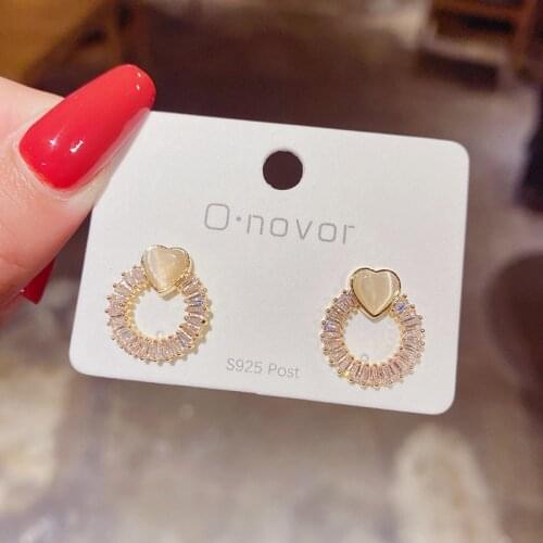 2021 New Arrival 14K Real Gold Plated Opal Heart Dangle Earrings For Women Delicate Pierced Zircon Earrings