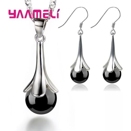 Elegant Wedding Crystal Jewelry Sets for Women 925 Sterling Silver Round Beads Pendant Necklace Earrings Party Jewellery