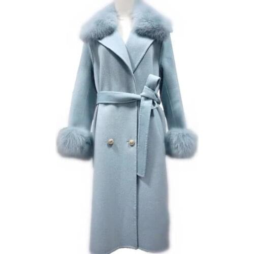 Hot Selling Cashmere Wool Blends Coat With Real Fox Fur Collar Winter Women Jacket Long Outerwear Belt
