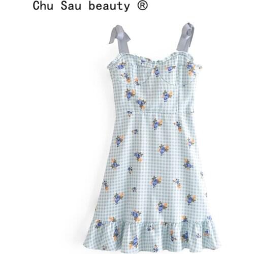 New Summer Fresh Vintage Plaid Print Dress Holiday Style Sweet High Waist Ruffled Strap Mini Dress Women