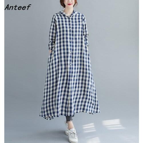 Long sleeve cotton linen hooded vintage plaid dresses for women casual loose spring autumn shirt dress elegant clothing 2021