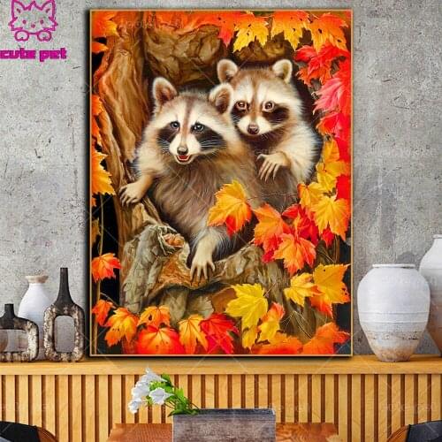 Diamond embroidery 5d Raccoon animal diy diamond painting full square round drill mosaic picture rhinestones Cross Stitch Decor