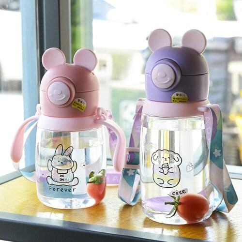 Childrens Sippy Cup with A Pop Top Plastic Water Bottle with Straws Braces Cute Silicone Ears Sealed Leakproof Coffee Cup