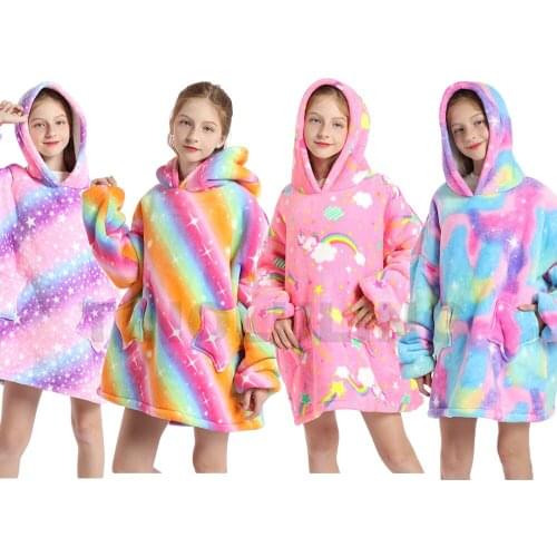 One Size Fits All Rainbow Unicorn Girls Hoodies Winter Warm Sherpa Blankets Oversized Sweatshirts Children Pullovers TV Blanket