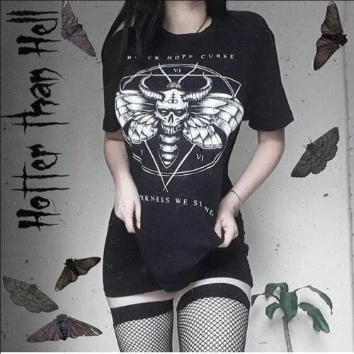 Gothic Satan Devil Black Dark Letter Grunge Tees Vintage Punk Summer Harajuku women fun Casual O-neck Large Sleeve T-Shirt