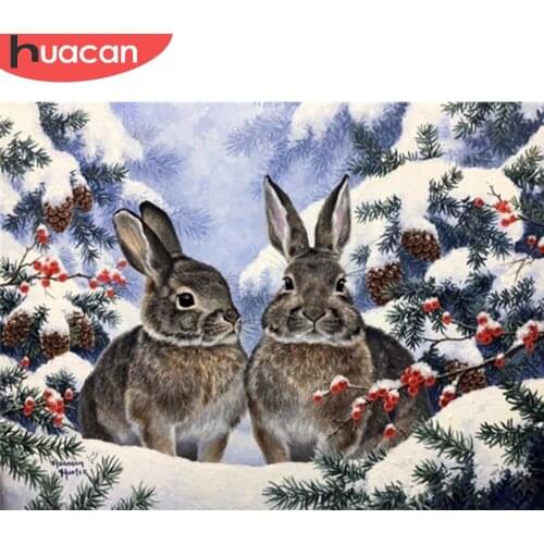HUACAN Diamond Painting Cross Stitch Rabbit Full Square Diamond Embroidery Winter Animal Mosaic Home Decoration Wall Art
