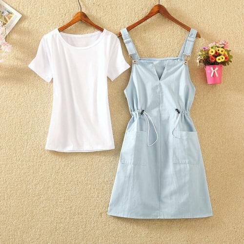 2020 New Summer Ladies Clothing Suit Women Fashion Sweet White T Shirt Tops + Overall Elastic Waist Skirt Two Pieces Set Z61