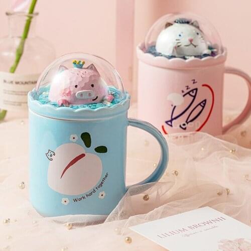 Travel Mugs Coffee Cups Ceramic Creative Cute 3D Animal Transparent Lid Unique Cat Mug Tazas De Cafe Kitchen Dining Bar E5MKB