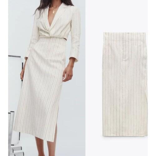 Summer Striped Midi Skirts Women Za 2021 Casual High Waist Pocket Skirts Vintage Side Slit Hem Front Zip Female Long Skirt Mujer