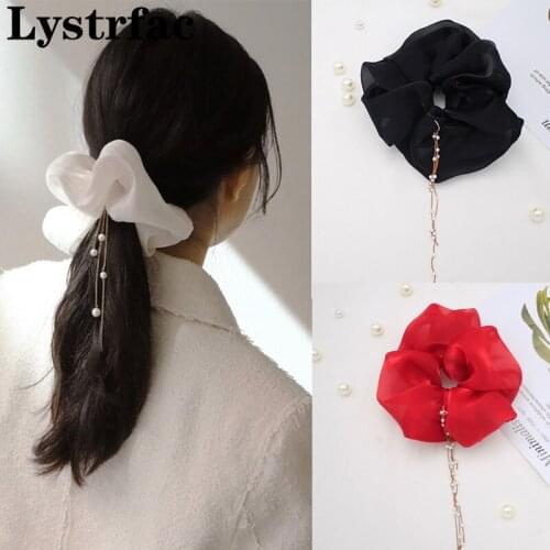 Lystrfac Korean Oversized Pearl Tassel Organza Scrunchie for Women Rubber Bands Elastic Hair Bands Hair Tie Hair Accessories