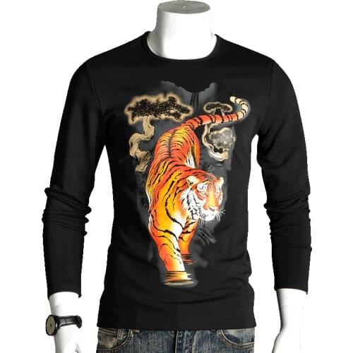 Tattoo Tiger Mens Casual Chinese Traditional Painting Long Sleeve Cotton Slim T Shirt Animal Floral Print Tee Shirts