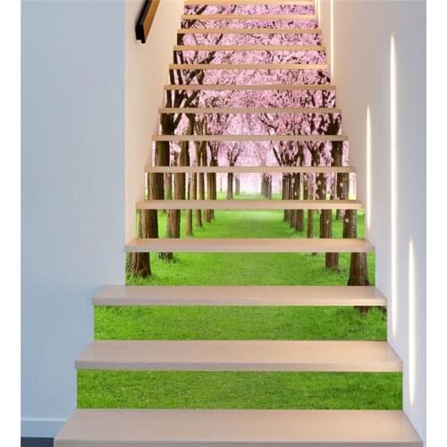 6pcs/13pcs Sakura 3D DIY Decoration Stairs Stickers Vinyl Self Adhesive Wallpaper For Livingroom Staircase PVC Tree Cherry Mural